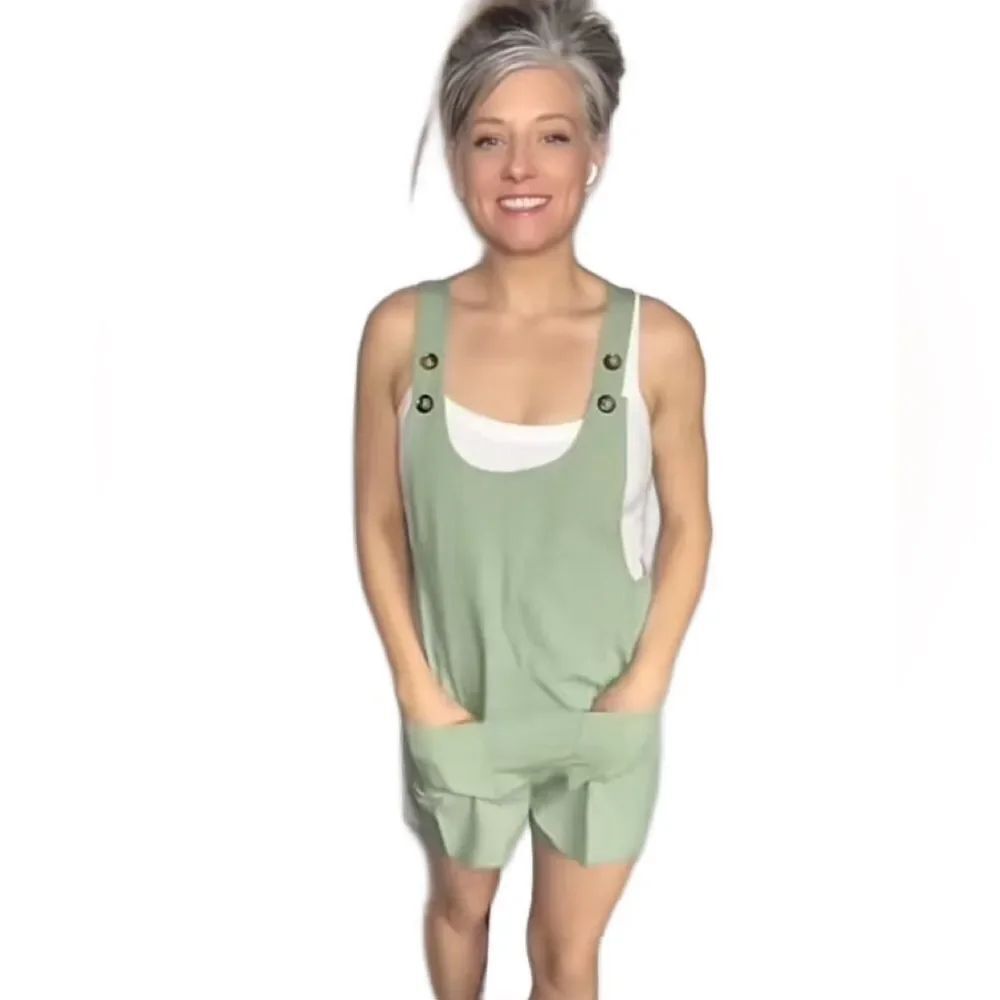 Sage Green Lightweight Overall Romper w/Pockets and Adjustable Button Straps (S)